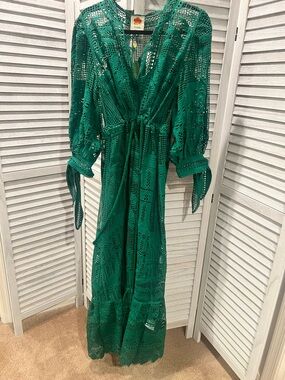 FARM Rio Teal Green Crochet Maxi Dress (M)